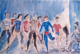 A watercolor painting of a group of dancers. 